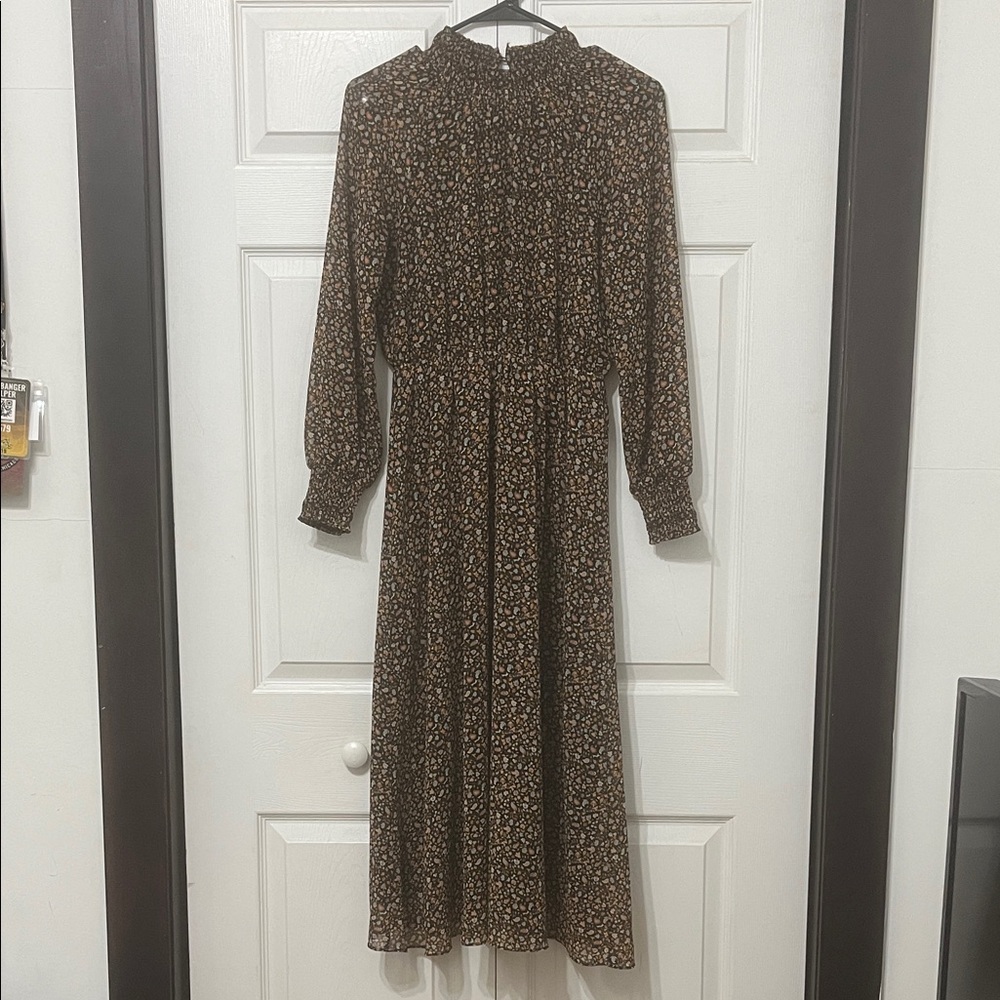 Madewell Long Sleeve Floral Dress in Brown and Cream
